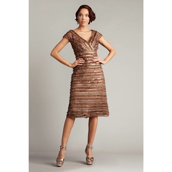 Tadashi Shoji Thora Silken Fringe Dress Cap Sleeve Brown Women's Size 6 NWT - Picture 1 of 14